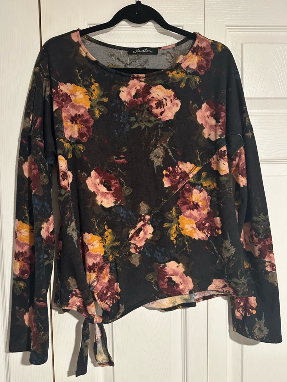 Hawthorne Black Floral Long-Sleeve Tie-Hem Top